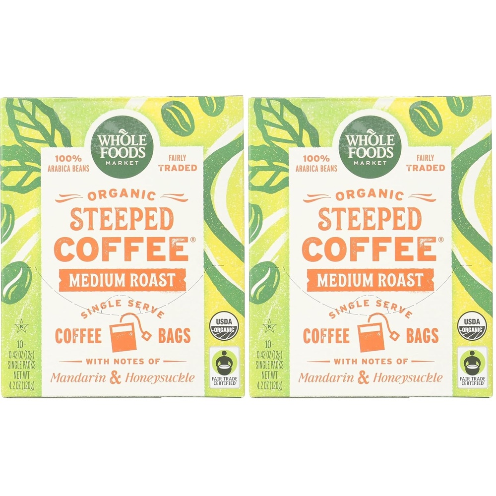 image:imageWhole Foods Market Organic Steeped Coffee Medium Roast Notes of Mandarin ampamp Honeysuckle Single Serve Bags 10 Count42 Ounce Pack of 2