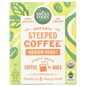 Whole Foods Market, Organic Steeped Coffee, Medium Roast, Notes of Mandarin & Honeysuckle, Single Serve Bags, 10 Count(10 Count (Pack of 1))